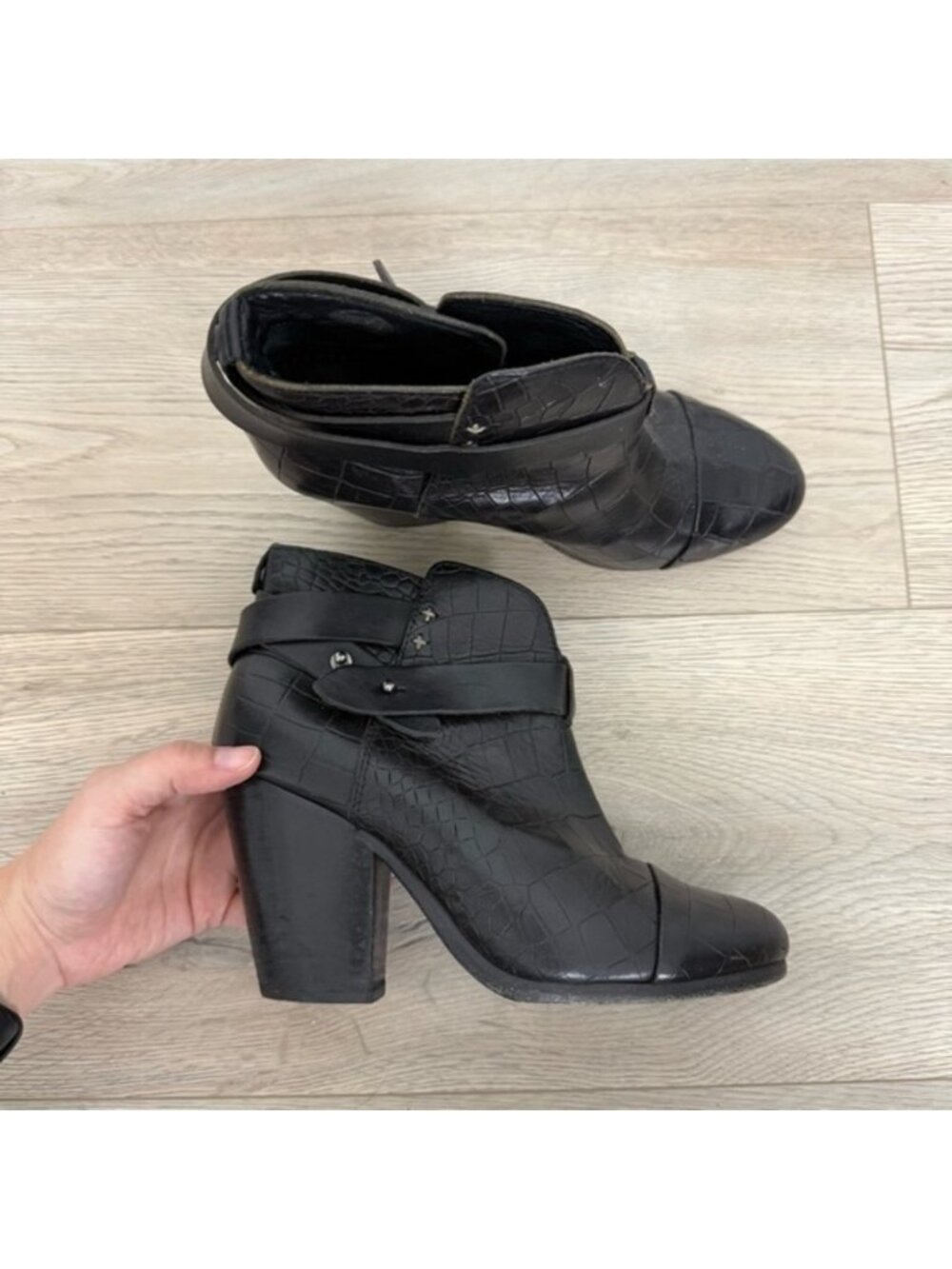 rag & bone Harrow Black Croc Embossed Leather Ankle Boots Size 36